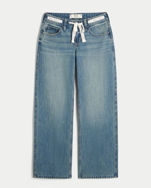 Hollister Blue Low-rise Medium Wash Lace Waist Baggy Jeans