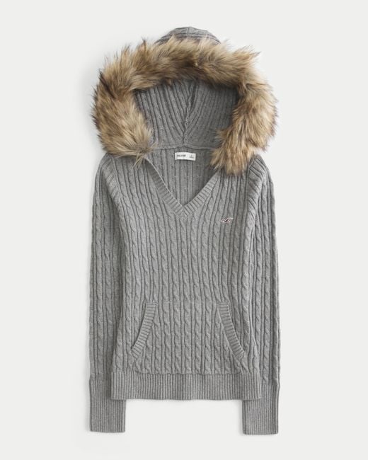 Hollister Gray Faux Fur Trim Hooded Cable-knit Sweater