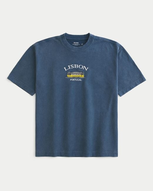 Hollister Blue Boxy Heavyweight Lisbon Portugal Graphic Tee for men