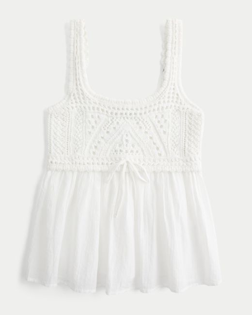 Hollister White Mixed Crochet-style Babydoll Top