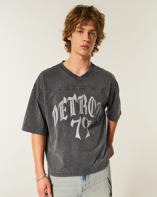 Hollister Black Heavyweight Baggy Crop Detroit Graphic Football T-shirt for men