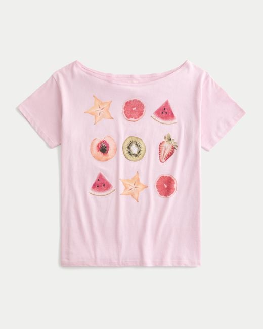 Hollister Pink Oversized Off-the-shoulder Fruit Graphic Tee
