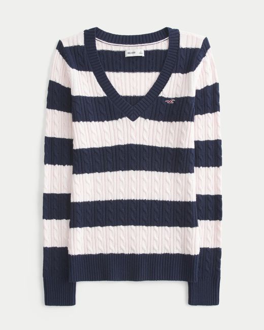 Hollister Blue Cable-knit Icon V-neck Sweater