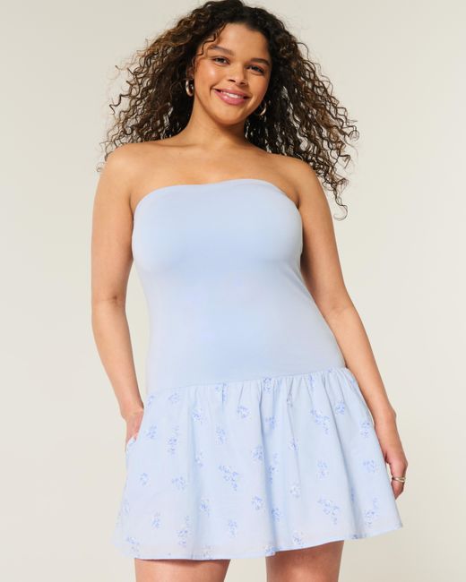 Hollister Blue Strapless Drop-waist Knit-woven Mini Dress