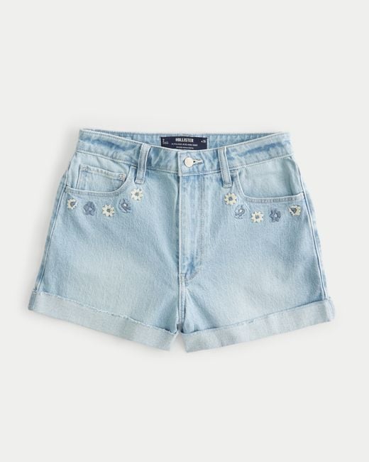 Hollister Ultra High rise Light Wash Floral Embroidered Denim Mom Shorts in Blue Lyst UK