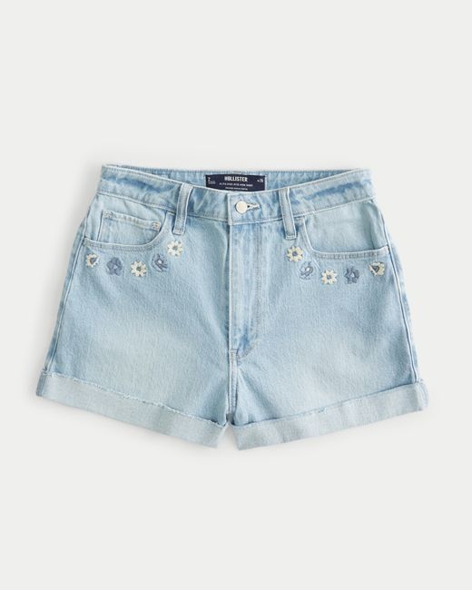 Hollister Blue Ultra High Rise Mom-Jeans-Shorts in heller Waschung mit Blumenstickerei