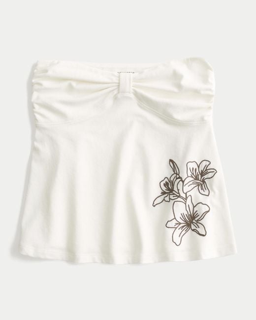Hollister Natural Strapless Floral Graphic Babydoll Top