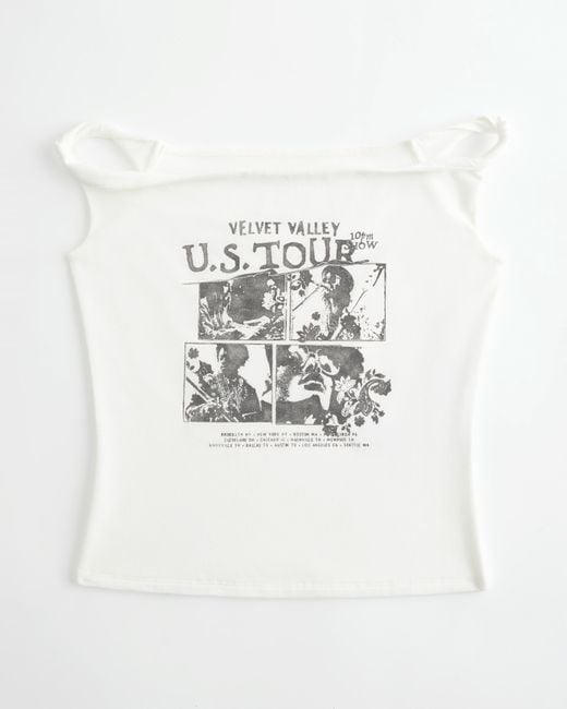 Hollister White Twisted Off-the-shoulder Velvet Valley Graphic Tee