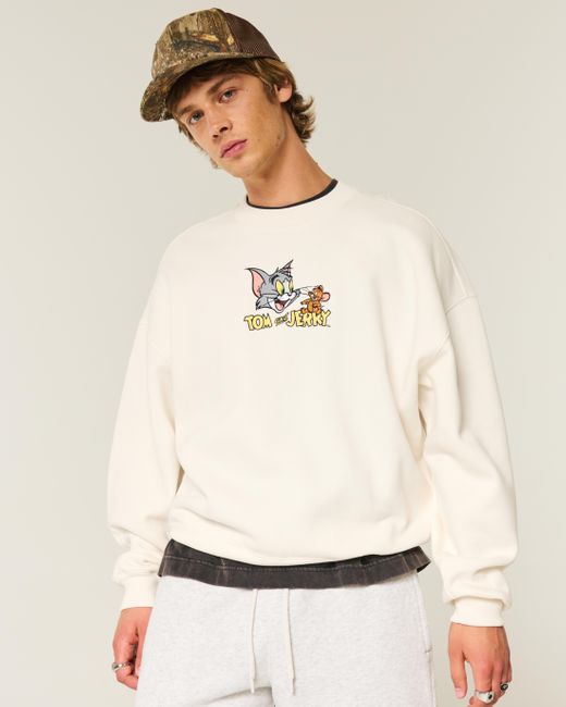 Hollister White Baggy Cinch Tom And Jerry Graphic Crew Sweatshirt for men