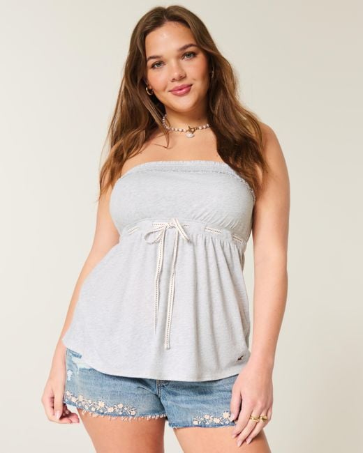 Hollister White Strapless Tie Waist Babydoll Top