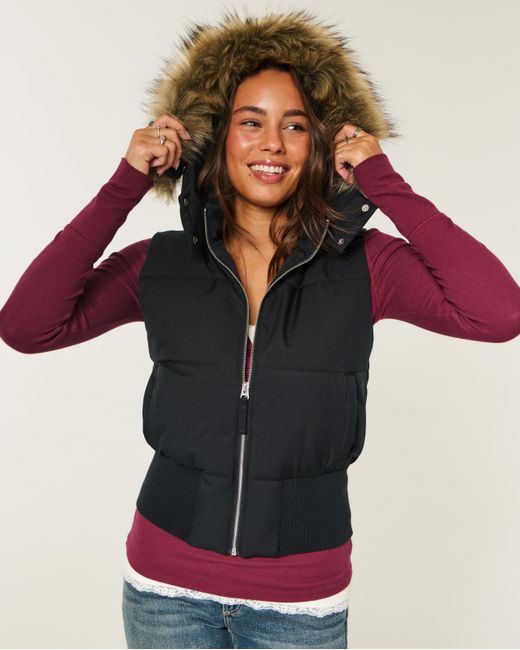 Hollister Black Faux Fur Trim Hooded Y2k Vest