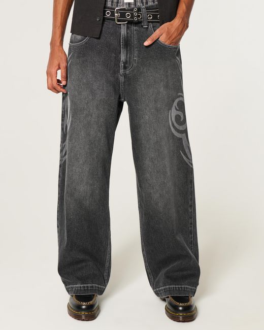 Hollister Gray Washed Black Graphic Super Baggy Jeans for men