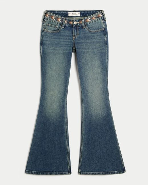 Hollister Blue Ultra Low-rise Medium Wash Embroidered Flare Jeans