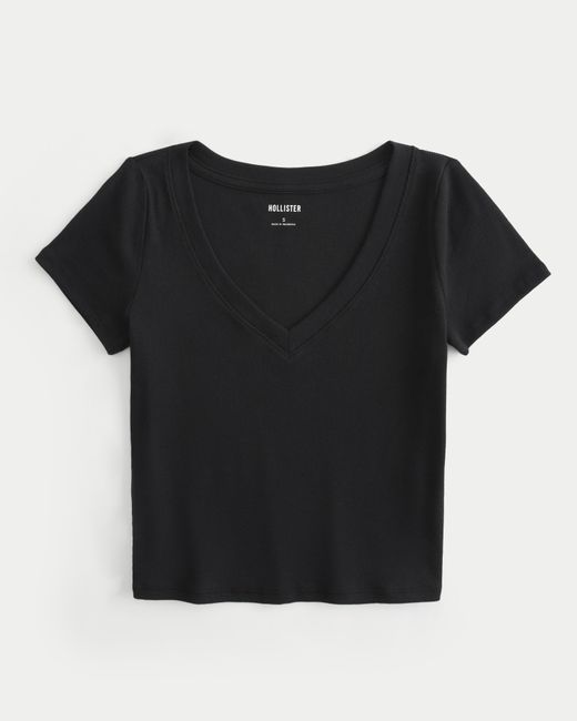 Hollister Black Geripptes T-Shirt mit V-Ausschnitt