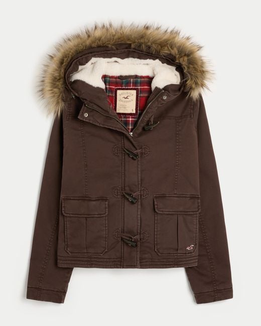 Hollister Brown Holiday Vault Release Twill Faux Fur Trim Hooded Bomber Jacket