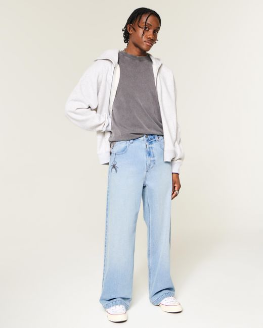 Hollister Blue Light Wash Spider Embroidery Super Baggy Jeans for men