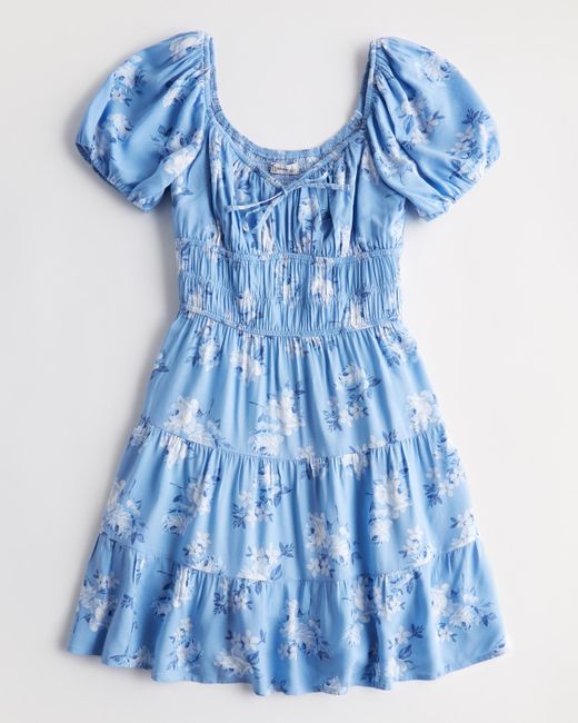 Hollister Blue Short-sleeve Channeled Woven Short Dress