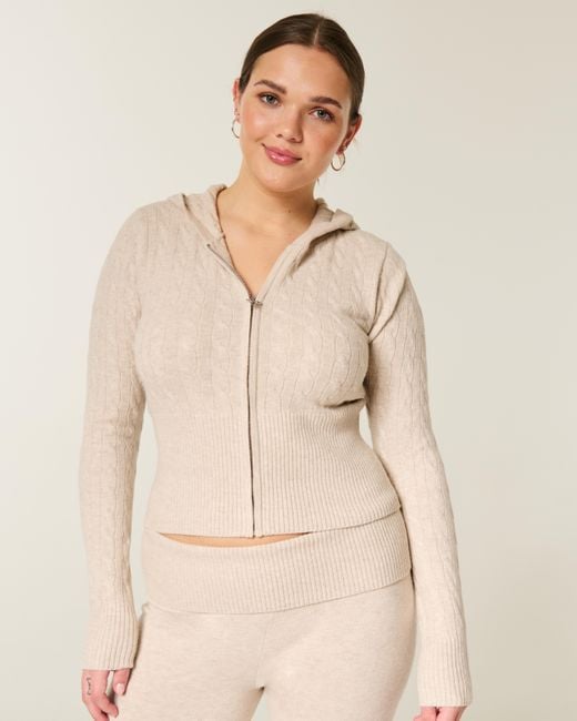 Hollister Natural Gilly Hicks Cable-knit Zip-up Hoodie Sweater
