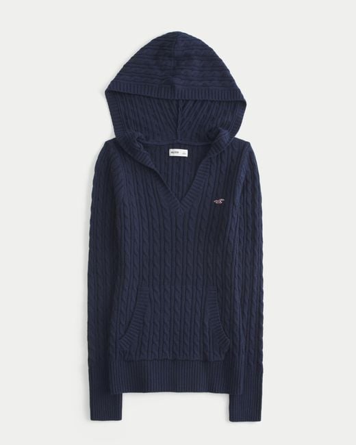 Hollister Blue Cable-knit V-neck Hoodie Sweater