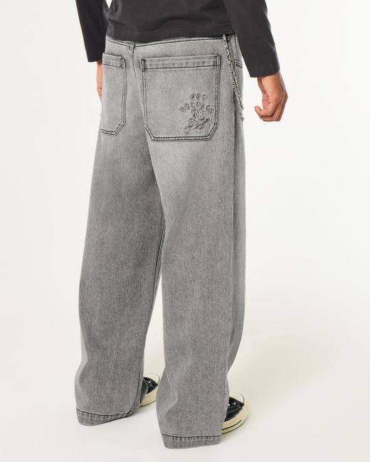 Hollister Gray Washed Grey Los Angeles Graphic Super Baggy Jeans for men
