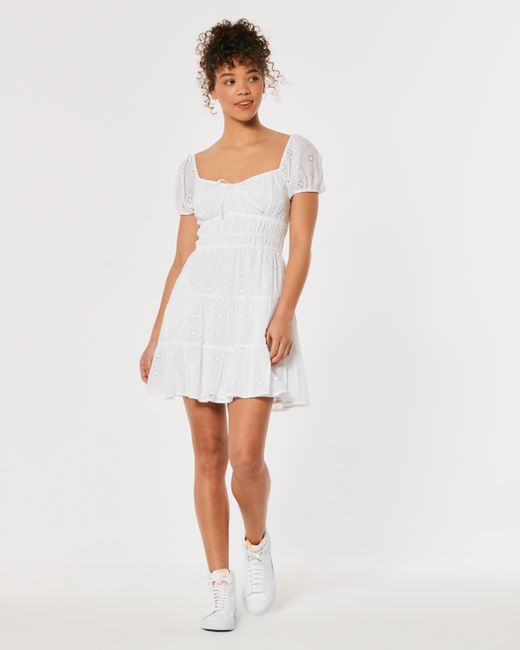 short-sleeve channeled waist mini dress Hollister Short-sleeve Channeled Woven Short Dress in White