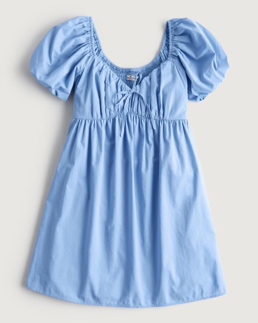 Hollister Blue Short-sleeve Poplin Babydoll Mini Dress