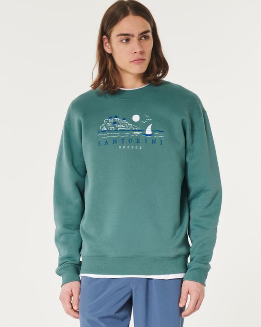 Hollister Sweatshirt in Relaxed Fit mit Rundhalsausschnitt und Santorini Greece-Grafik in Green für Herren