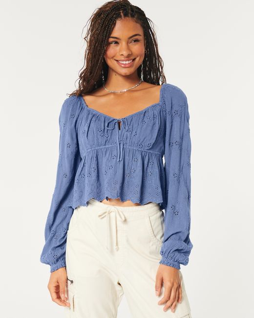 Hollister Blue Easy Long-sleeve Tie-front Top