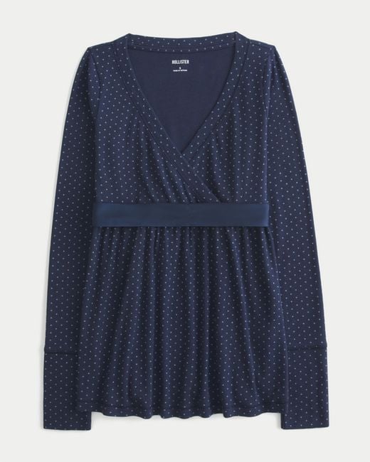Hollister Blue Easy Long-sleeve Wrap-front Babydoll Top
