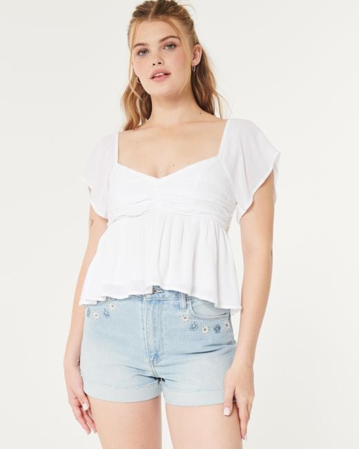 Hollister White Ruched Babydoll Top
