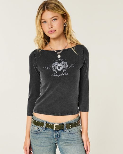 Hollister Black Slash-neck Route 97 Motorcycle Club Graphic Tee