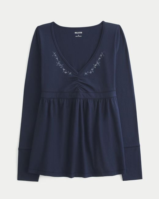 Hollister Blue Long-sleeve Pinch Bust Babydoll Top