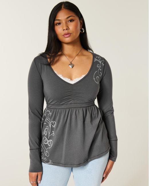 Hollister Gray Long-sleeve Pinch Bust Graphic Babydoll Top