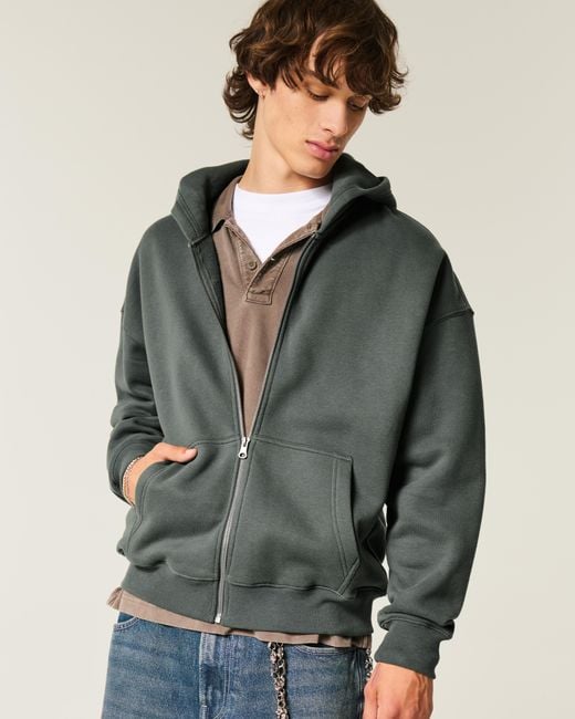 Hollister Green Boxy Zip-up Hoodie for men