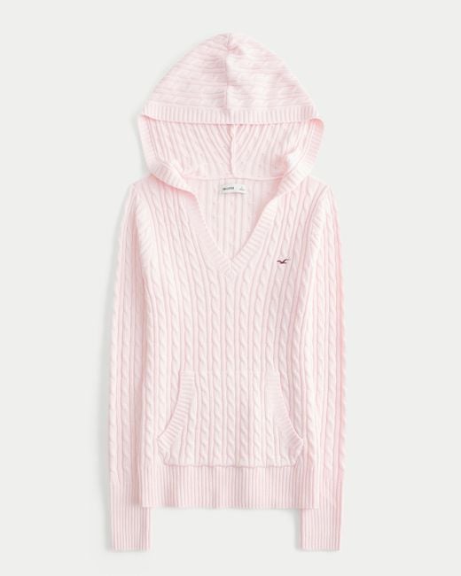 Hollister Pink Cable-knit V-neck Hoodie Sweater