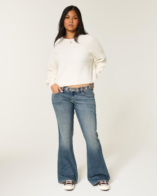 Hollister Blue Ultra Low-rise Medium Wash Embroidered Flare Jeans