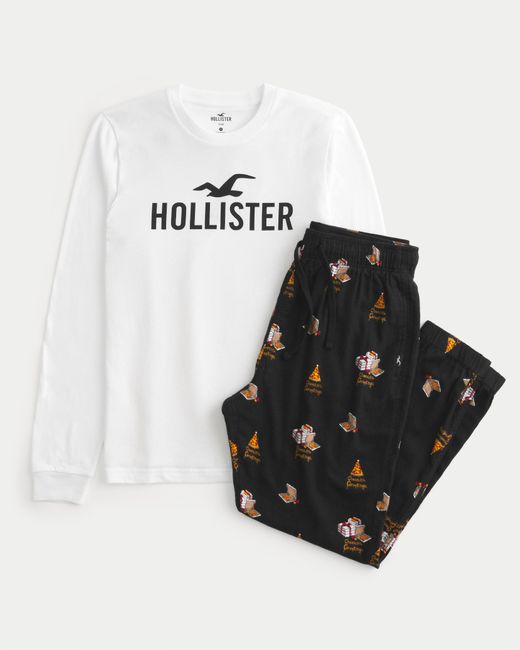 Hollister Black Long-sleeve Logo Graphic Tee & Flannel Pajama Pants Set for men