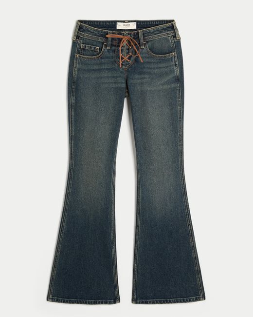 Hollister Blue Low-rise Dark Wash Lace-up Flare Jeans