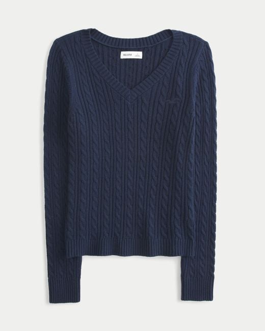 Hollister Blue Cable-knit V-neck Icon Sweater