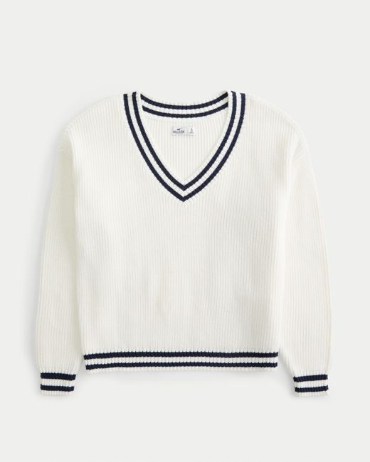 Hollister White Oversized V-neck Sweater