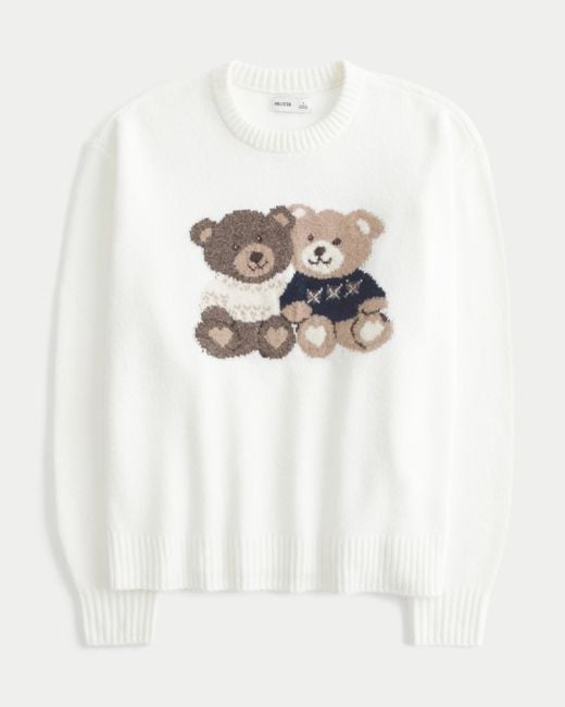 Hollister White Oversized Teddy Bear Graphic Crew Sweater