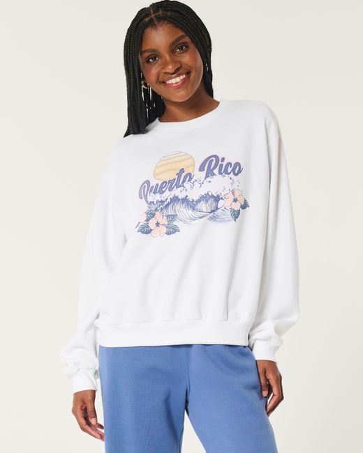Hollister White Lässiges Sweatshirt mit Puerto Rico-Grafik und Rundhalsausschnitt