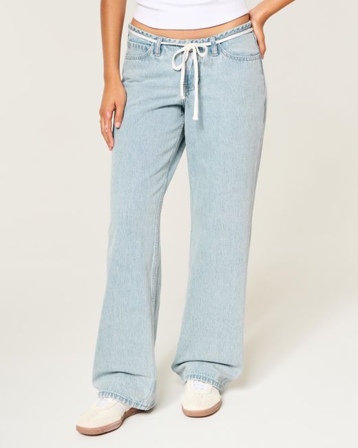 Hollister Blue Ultra Low-rise Mini Waistband Light Wash Tie Waist Baggy Jeans