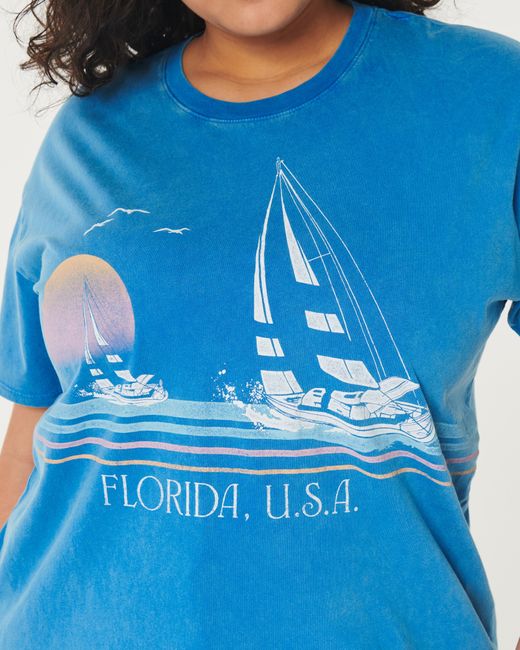 Hollister Blue Oversized Florida Sailing Graphic Tee