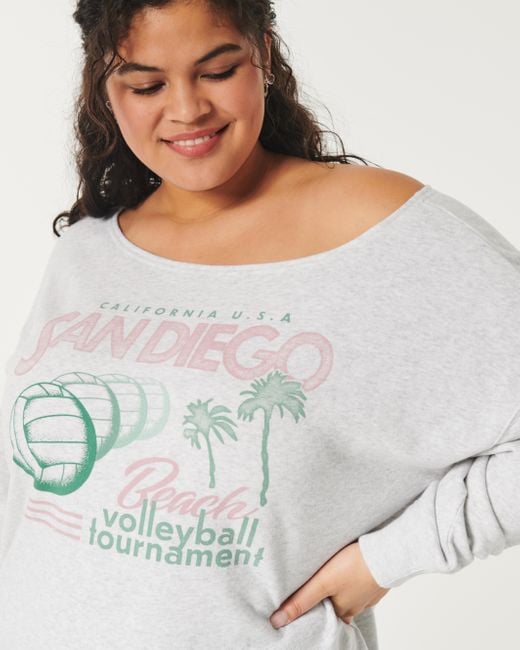Hollister White Übergroßes, schulterfreies Sweatshirt mit Volleyball-Grafik
