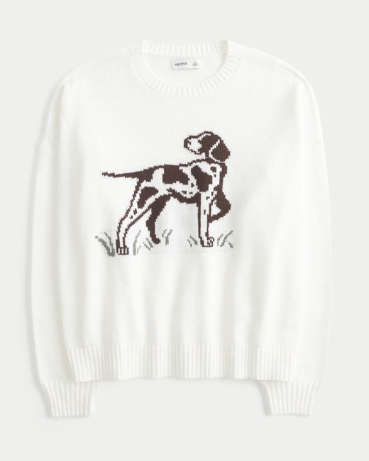 Hollister White Easy Dog Graphic Crew Sweater
