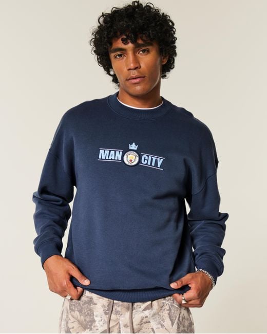 Hollister Blue Boxy Manchester City Fc Graphic Crew Sweatshirt for men