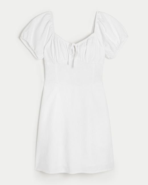 Hollister White Seitlich gesmoktes Hollister Sofia Kleid aus Leinenmischung