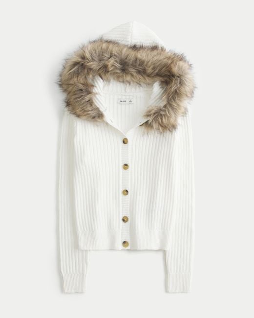 Hollister White Hooded Faux Fur Trim Cardigan