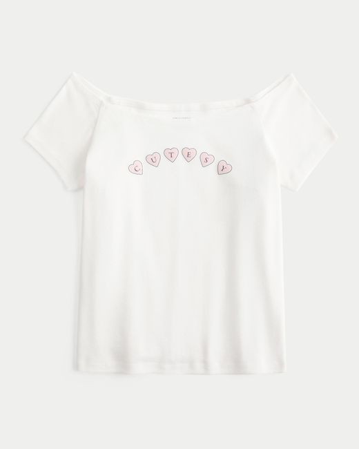 Hollister White Off-the-shoulder Cutesy Graphic Tee
